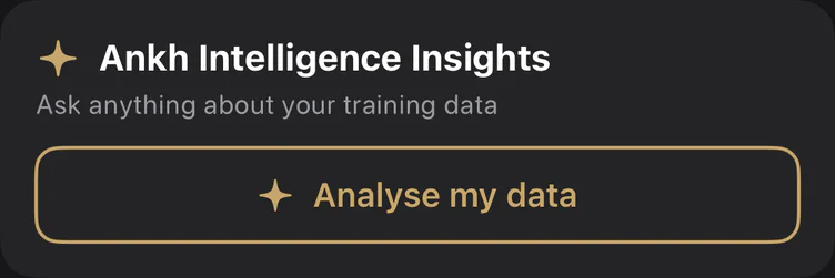 The Ankh Intelligence Insights card on the home screen. It reads 'Ask anything about your training data', above a single button: 'Analyse my data'.
