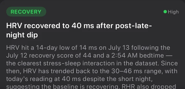 A real Ankh recovery insight: HRV recovered to 40 ms after a post-late-night dip