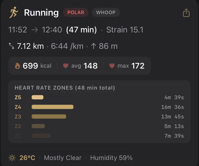A real Ankh workout card: one run, tagged Polar and Whoop, with heart-rate zones, strain and weather