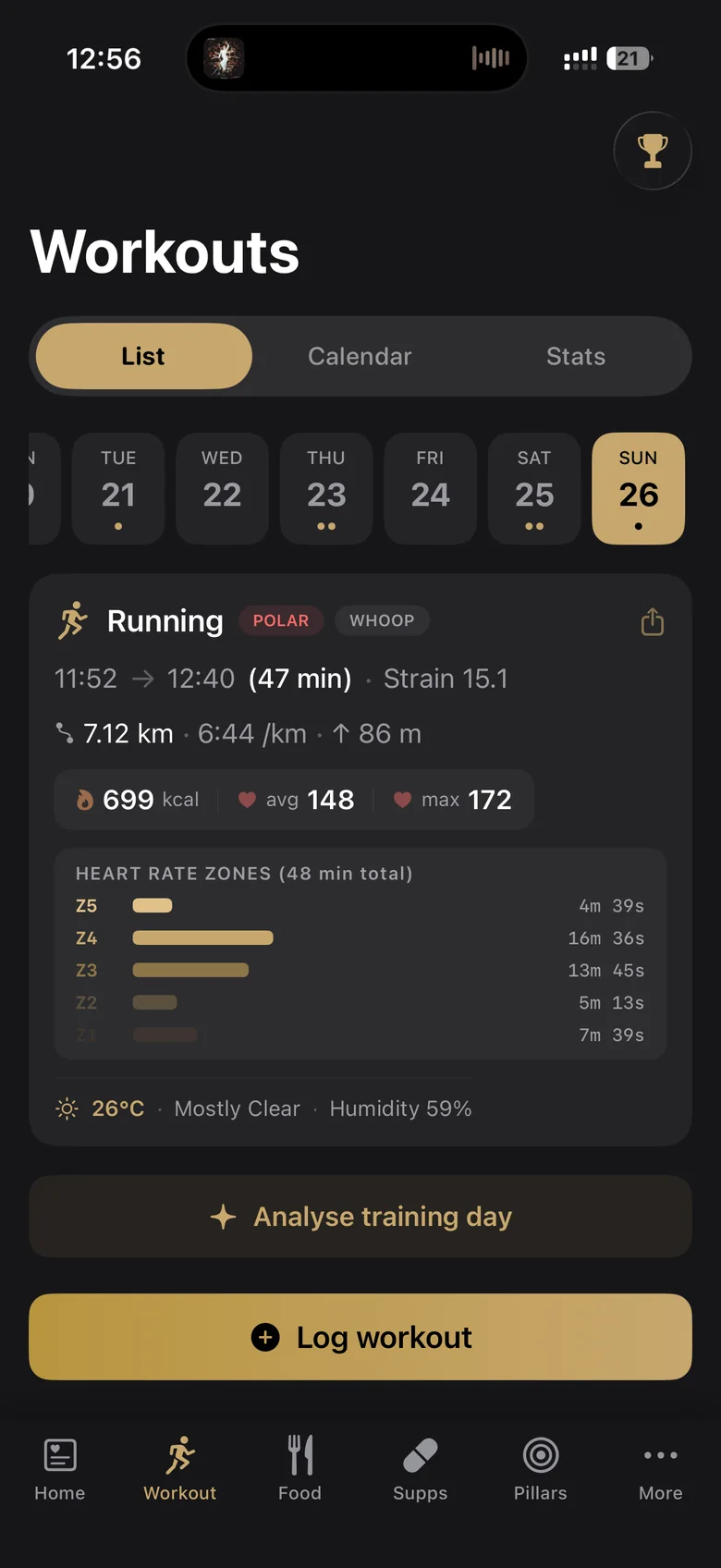 The Ankh workouts list: a Sunday run tagged Polar and Whoop, with pace, heart-rate zones and strain