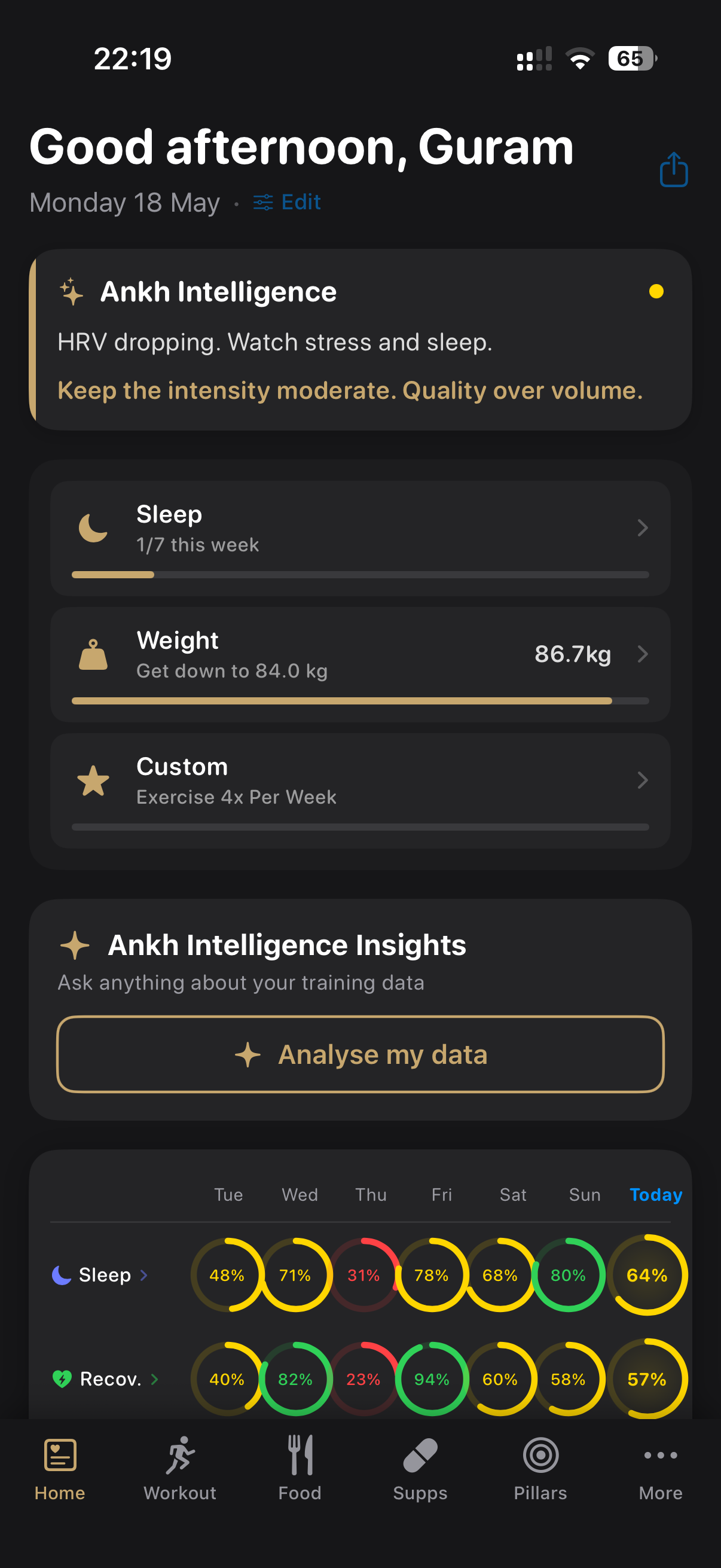Ankh home screen showing recovery, pillars, sleep and recovery rings