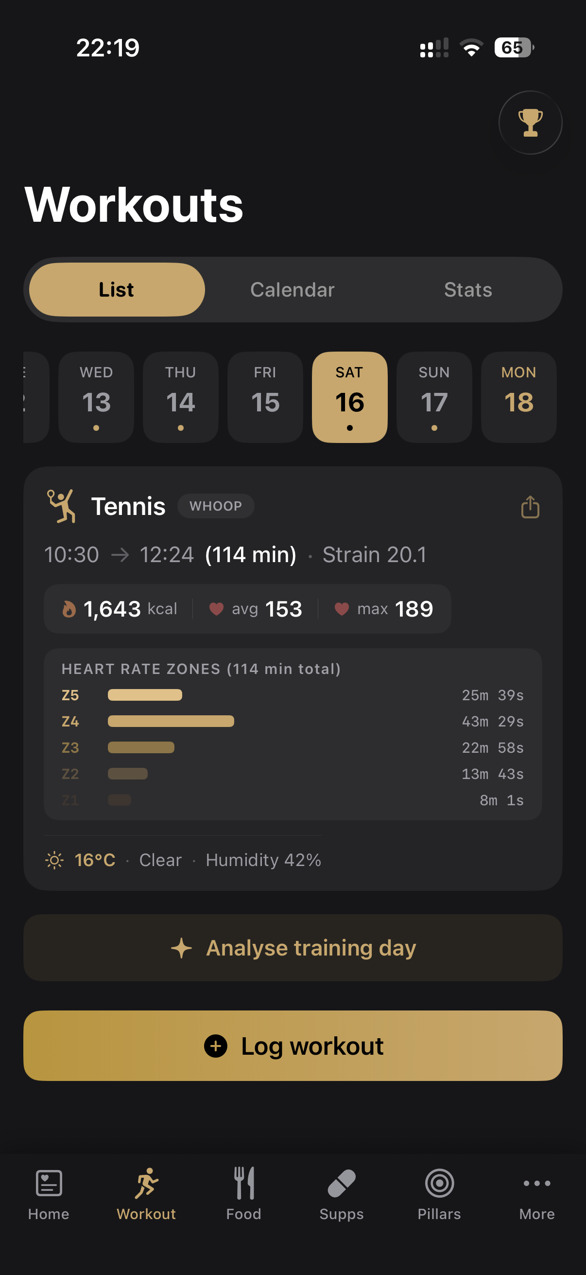 Ankh workout tab showing tennis session with HR zones, weather, and Whoop data